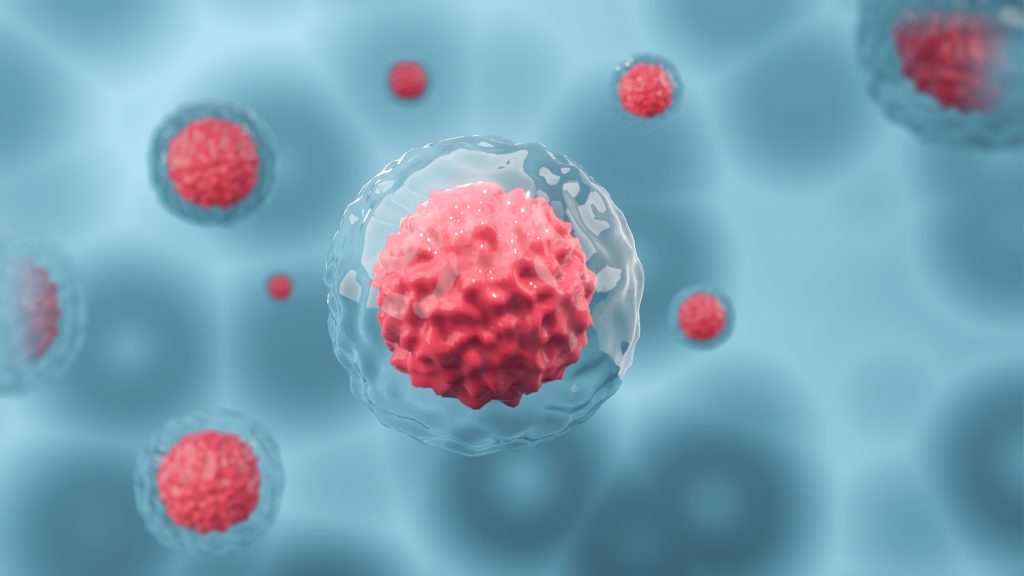 Human cell or embryonic stem cell microscope On a blue light background, cellular therapy, 3d rendering"n